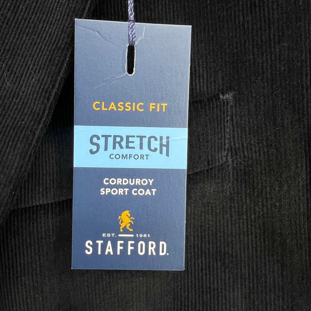 Stafford Corduroy Sport Coat Mens 46R Black New Stretch Classic Fit Elbow Patch - Picture 2 of 10